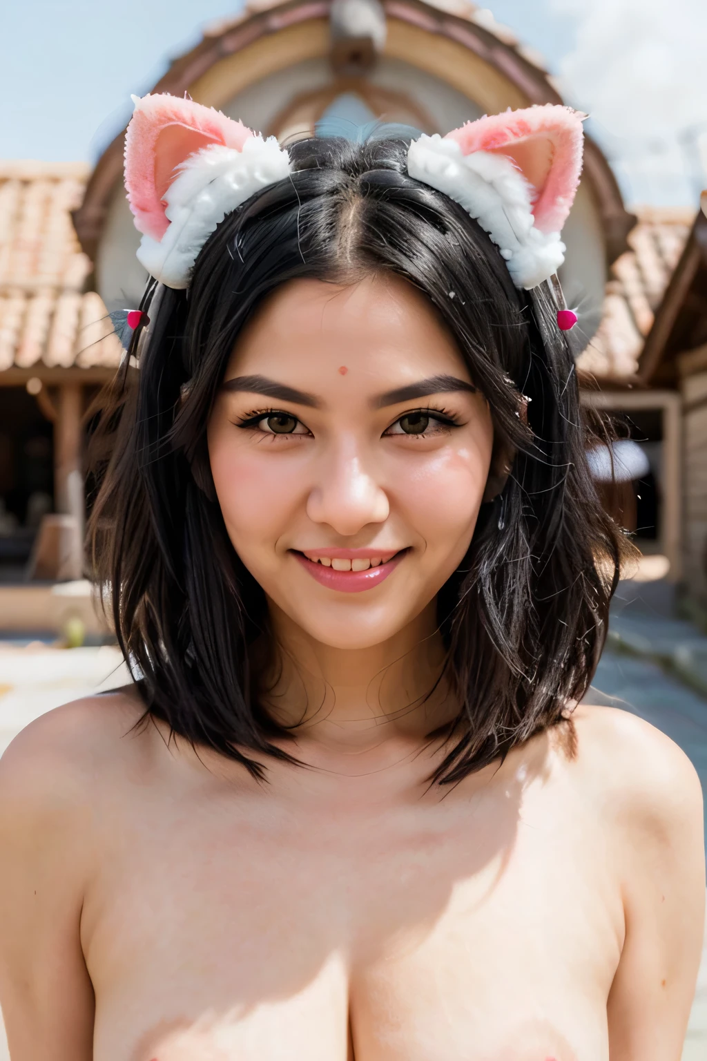black hair, hair bobbles, wince, longeyelashes, solid circle eyes, fake animal ears, light smile, ear blush, fang, Surrealism, drop shadow, anaglyph, stereogram, tachi-e, pov, atmospheric perspective, 8k, super detail, ccurate, best quality