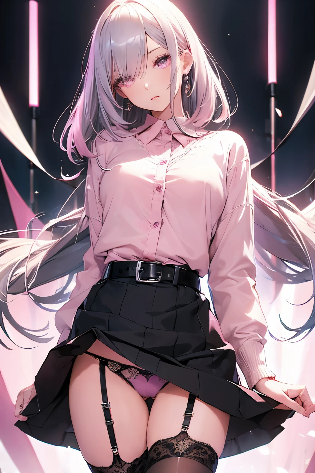 ((Lingerie Model)), zoom, masterpiece, highest quality, High resolution, Elizabeth, One girl, jewelry, Single knee socks, Silver Hair, Hair on one eye, abdomen, Black Skirt, Asymmetrical legwear, ((Pink Shirt)), No sleeve, Black knee socks, belt, Are standing