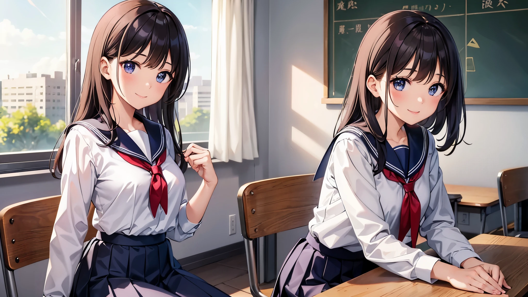 In the classroom、A dark-haired girl is sitting at a desk, posing and smiling。She is wearing a sailor uniform with a white blouse and a navy blue pleated skirt.、He has a red tie around his neck。The girl&#39;s expression is bright、In the background you can see a chalkboard and sunlight streaming through a window.