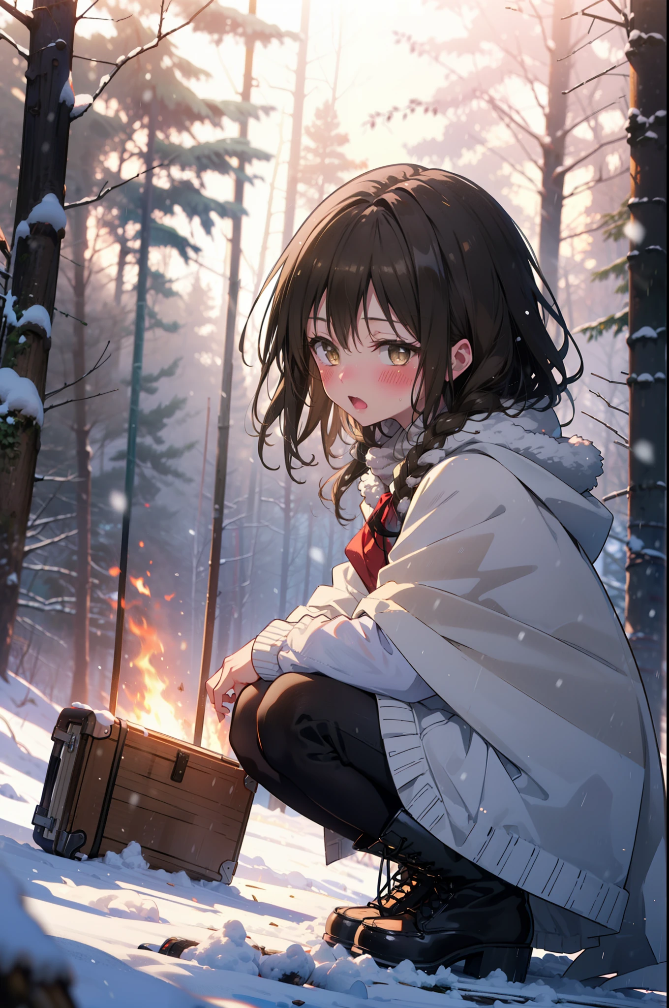 yuikotegawa, Yui Kotegawa, Black Hair, (Brown eyes:1.5),blush,White Breath,
Open your mouth,snow,Ground bonfire, Outdoor, boots, snowing, From the side, wood, suitcase, Cape, Blurred, having meal, forest, White handbag, nature,  Squat, Mouth closed, Cape, winter, Written boundary depth, Black shoes, red Cape break looking at viewer, Upper Body, whole body, break Outdoor, forest, nature, break (masterpiece:1.2), highest quality, High resolution, unity 8k wallpaper, (shape:0.8), (Beautiful and beautiful eyes:1.6), Highly detailed face, Perfect lighting, Extremely detailed CG, (Perfect hands, Perfect Anatomy),