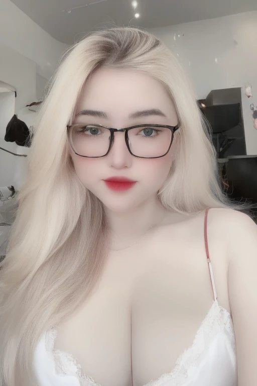 (realistic、masterpiece、Best Quality、8K、highres、white background, high resolution:1.3)、1 chubby girl:1.3)、looking at viewers, black lace bikini、pale white skin、very blond hair ,very pale skin, extremely pale blonde hair, ivory pale skin, very white skin, pale skin, very pale white skin, very pale white skin,white skin and pale porcelain, white and pale skin, fair and pale skin!!, long blonde hair, looking at viewers、super fine face and eyes、long blonde hair、 ((full breasts:1.3)), indoor、 upper body、