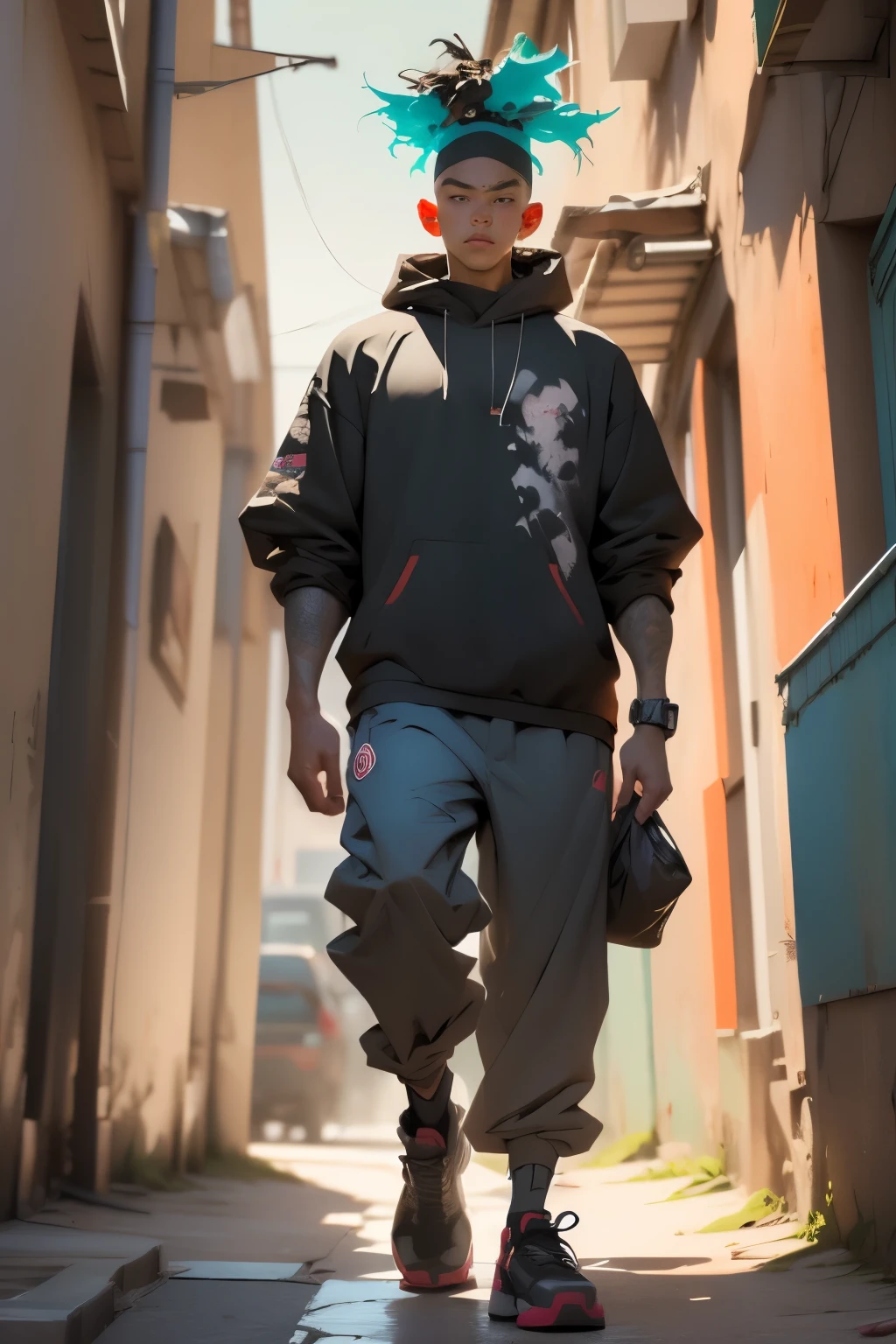 ((long shot, full body: 1.6)), purple: 1.5, orange: 1.1, green: 1.3, White: 1.3, yellow: 1.3, (rapper boy with scary hair, highly detailed eyes and body and beautiful baggy and baggy clothes :1.6), tattoos, (walls with Graffiti: 1.2), flower, Leaves, born in the fog, lines, leaning on the wall with a spray paint in his hand:1.4, dynamic action pose, 32K.