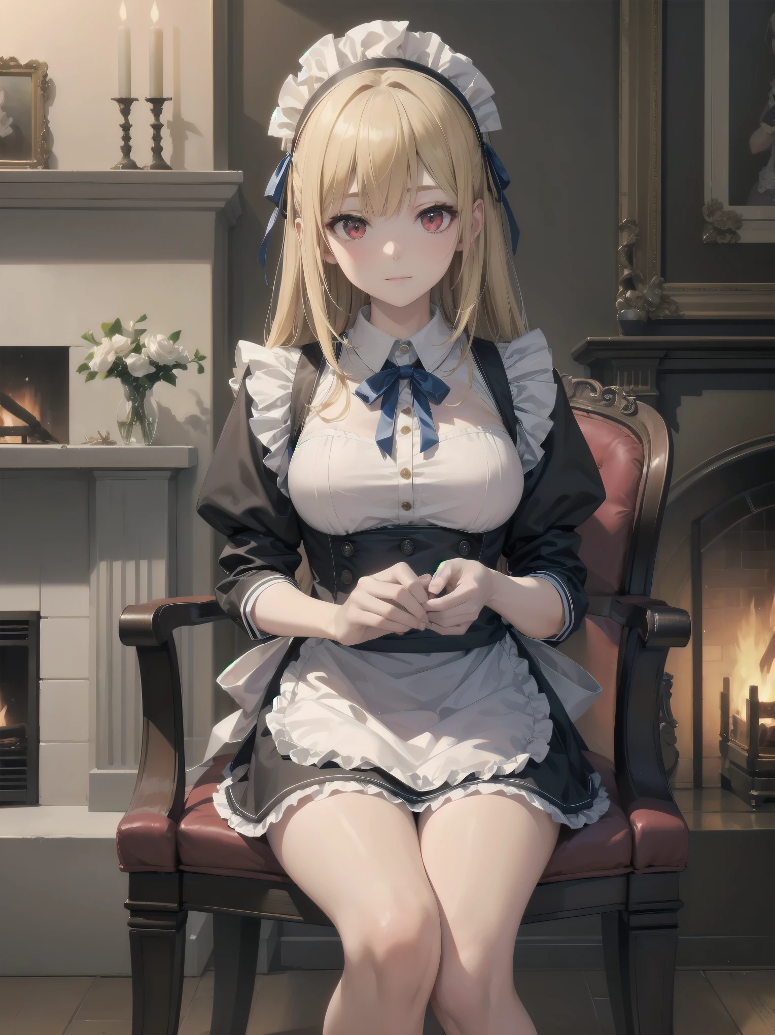 (Cowboy Shot:1.3),Blonde,Perfect Eyesm,Red eyes,solo、 Maid, Maid headdress, Maid apron, Blue ribbon,masterpiece,Noise Reduction,Perfect Anatomy,High resolution, Very detailed,Game CG,Dutch Angle ,Beautiful fine details,Visual Arts,Five Fingers, Perfect hands, 完璧なillumination,Luxury House、table、illumination、fireplace、Chair、High-end furniture、sit、Turning from sideways、Beautiful feet