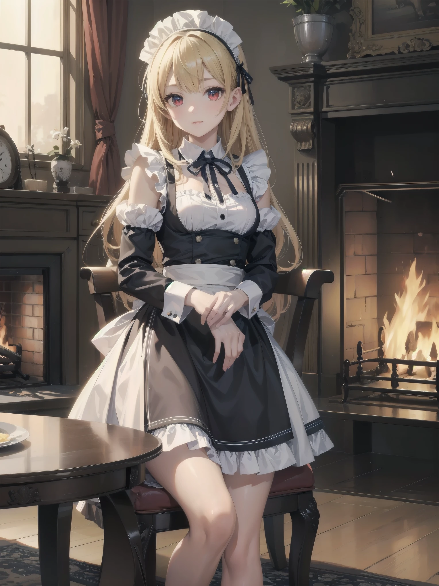 (Cowboy Shot:1.3),Blonde,Perfect Eyesｍ,Red eyes,solo、 Maid, Maid headdress, Maid apron, Blue ribbon,masterpiece,Noise Reduction,Perfect Anatomy,High resolution, Very detailed,Game CG,Dutch Angle ,Beautiful fine details,Visual Arts,Five Fingers, Perfect hands, 完璧なillumination,Luxury House、table、illumination、fireplace、Chair、High-end furniture、sit、Turning from sideways、Beautiful feet