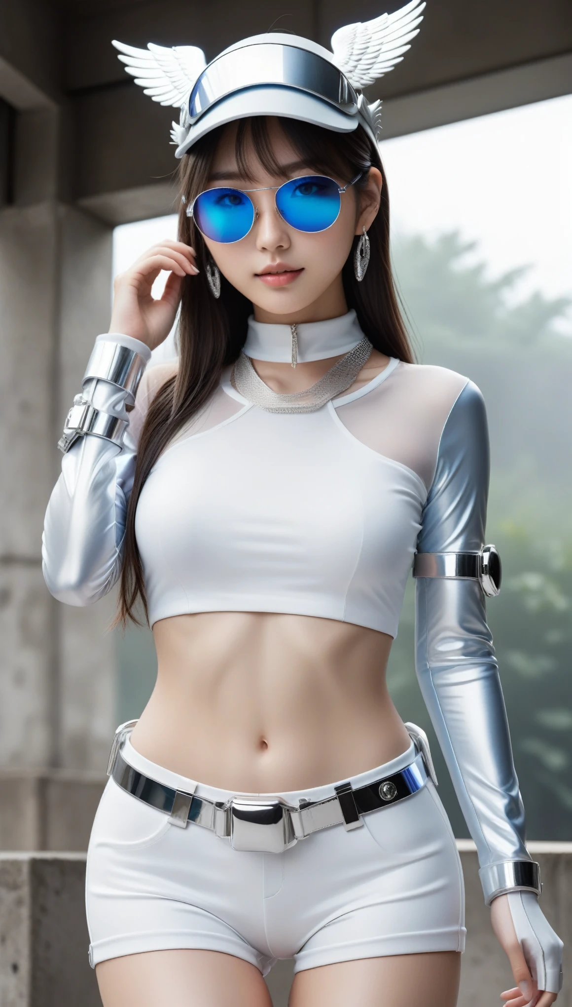 masterpiece, (Best Quality, perfect Detailed:1.5), Realistic, all body shot,
BREAK
beautiful Pretty and cute Japanese luna Girl, ig model, glamorous body, render of april, all body shot, standing,
BREAK
(Detailed wear, all body wear),
(high-tech futuristic high-cut leg openings bodysuit:1.4), (layered over white short shorts:1.6), (silver metallic accessories:1.3), (chunky futuristic platform high-top sneakers:1.4), (silver visor sunglasses:1.3), (silver statement earrings:1.3), (stacked silver bracelets:1.2), (silver choker necklace:1.2), (futuristic silver belt with dangling charms:1.3),(glowing LED accents:1.3), (white theme:1.3),
BREAK
(Detailed medium breasts, Detailed bodyline, Detailed legs and calves), (ultra slim waist, medium breasts, medium buttocks, beautiful sexy legs:1.2), White and beautiful Silky skin, arranged gray hair, small head,
BREAK small head, Detailed face, cute and Pretty slim face, Duck mouth, perfect beautiful Tooth, blue eyes, half open eyes, shiny eyes, looking viewer,
in a concrete, fog, mist,