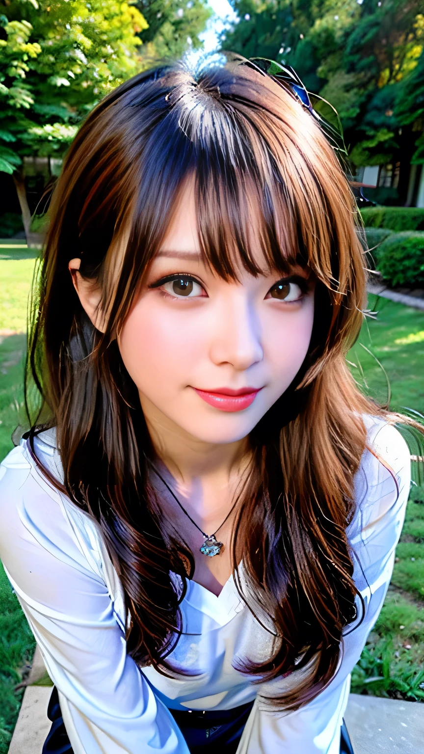 Full Body Angle、((highest quality, 8K, masterpiece: 1.3)), concentrated: 1.2, Cute girl 1,Nipples erect、 Perfect beauty: 1.4,Crisscross V-neck T-shirt, Casual summer short sleeve t-shirt: 1.2,Long sleeve、Randall Color、comics&Text Graphics、Black ruffle-trimmed drawstring zip blouse,1.1, Highly detailed face and skin textures, Fine grain, double eyelid, whitening skin, ,highest quality,Ultra-high resolution,you,1 girl,alone,_Shiny_skin,Iris,necklace,((Brown_length_Wavy_hair)),(lips)),eyelash,Front hair,deal with,compensate,Shiny,pore,skin texture,Large Breasts、smiling face、Front hair、garden、