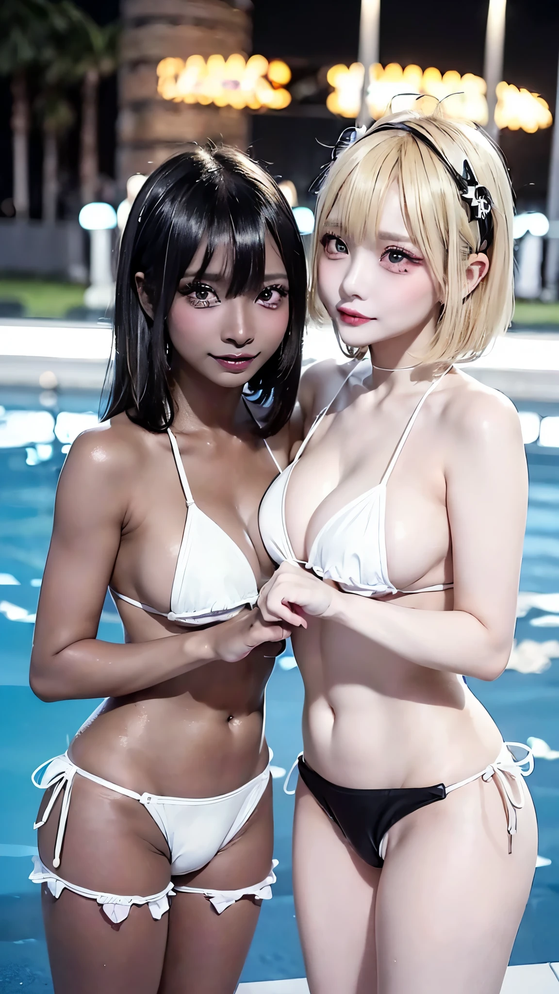 (sfw, Oilskin,Glowing Skin、Realistic skin texture、Beautiful skin in every detail、Shiny skin、Slimy skin、White skin, Real human skin, Familiar), Oval Face, pore, Ultra-high resolution, (8k, RAW Photos, Realistic: 1.4), One Girl, slim, (kind, Goddess-like eyes, happiness: 1.2),
From feet to head、Two girls standing、
(Color Contact Lenses、Lip gloss, Long eyelashes), ((jirai girl, jirai make-up:1.5))、(((Big Breasts))),Big cleavage、Long black hair、
(((Sexy Micro Bikini:1.5))),(Oily skin、Glowing wet skin), (Accessories all over the body:1.3),
((Two girls: one with long black hair and white skin, the other with short blonde hair and dark skin:1.8))、
highest quality, Ultra-high resolution, Wide Lighting, Natural Shading), Absolute area、Long beautiful slim legs、
(Little devil Smile face、Sexy smile expression:0.8, Open your mouth、Seducing girl),
Sparkling lighting for the Night event、Amusement park pool、
(Outdoor nightclubpool, Large night pool:1.5)、