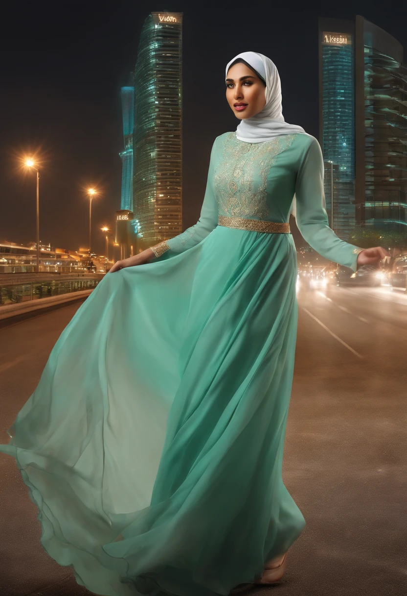 Hyper realistic photography, on a very large electrical billboard on the wall of a multi-storey building at night which is luxurious and majestic with the atmosphere of a metropolitan city, there is a 3D image of the words "JUMAT Mubarak" and "By.Yvonna" boldly embossed uniquely correct text to text, with bright colors, eye-catching. Modern artwork, complemented by energetic paint oil splashes, large, clearly legible. Behind it is a picture of a Muslim woman wearing a white Asian artist hijab running and screaming (21 years old), white kebaya dress blowing in the wind, high detail, super real, beautiful dress full of emerald jewels, in winter at night full of light and lots of people watch it. super realistic UHD