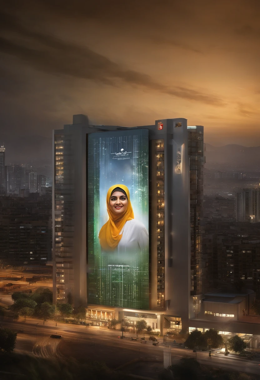 Hyper realistic photography, on a very large electrical billboard on the wall of a multi-storey building at night which is luxurious and majestic with the atmosphere of a metropolitan city, there is a 3D image of the words "JUMAT Mubarak" and "By.Yvonna" boldly embossed uniquely correct text to text, with bright colors, eye-catching. Modern artwork, complemented by energetic paint oil splashes, large, clearly legible. Behind it is a picture of a Muslim woman wearing a white Asian artist hijab running and screaming (21 years old), white kebaya dress blowing in the wind, high detail, super real, beautiful dress full of emerald jewels, in winter at night full of light and lots of people watch it. super realistic UHD