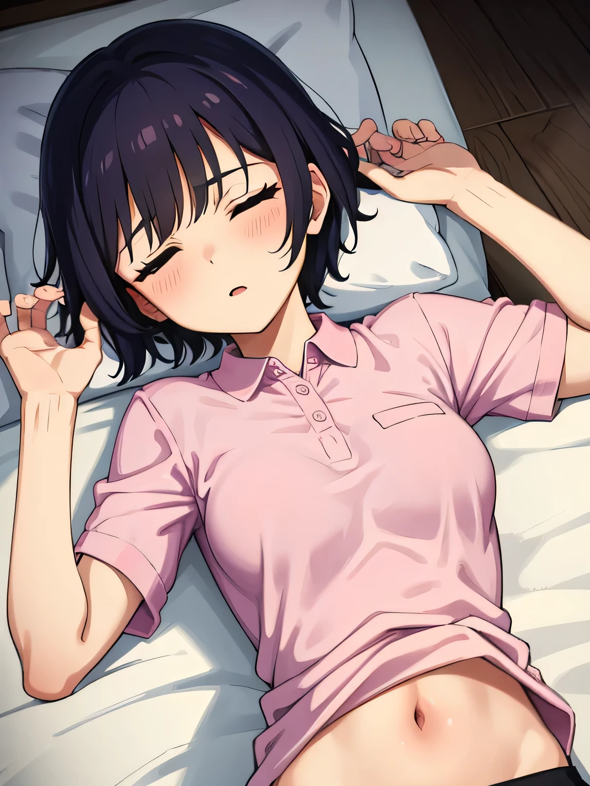 1. Beautiful woman in a pink polo shirt, short hair, Small breasts,Black Hair, Hospital Beautiful Cute High Quality Sleeping in bed Sexy Sensual pose Navel