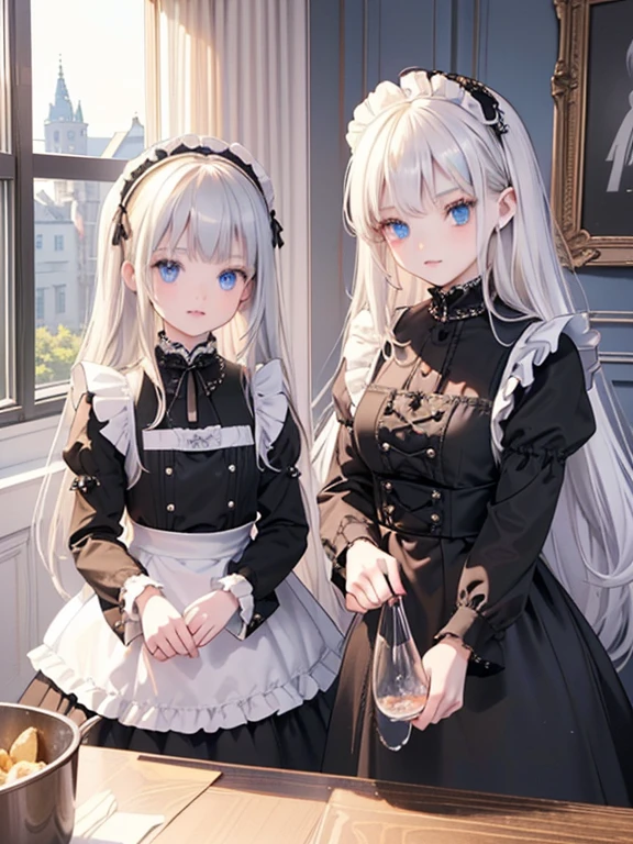 (8k, highest quality, Tabletop:1.2)、Gothic art、(Two maid women, (***************, Detailed face、blue eyes, Blonde, Black maid outfit), (****************, Detailed face、Red eyes, Silver Hair, Black maid outfit)), Classical Western-style building, kitchen, Cooking