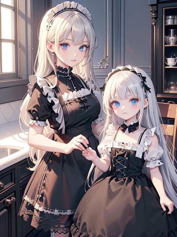 (8k, highest quality, Tabletop:1.2)、Gothic art、(Two maid women, (***************, Detailed face、blue eyes, Blonde, Black maid outfit), (****************, Detailed face、Red eyes, Silver Hair, Black maid outfit)), Classical Western-style building, kitchen, Cooking