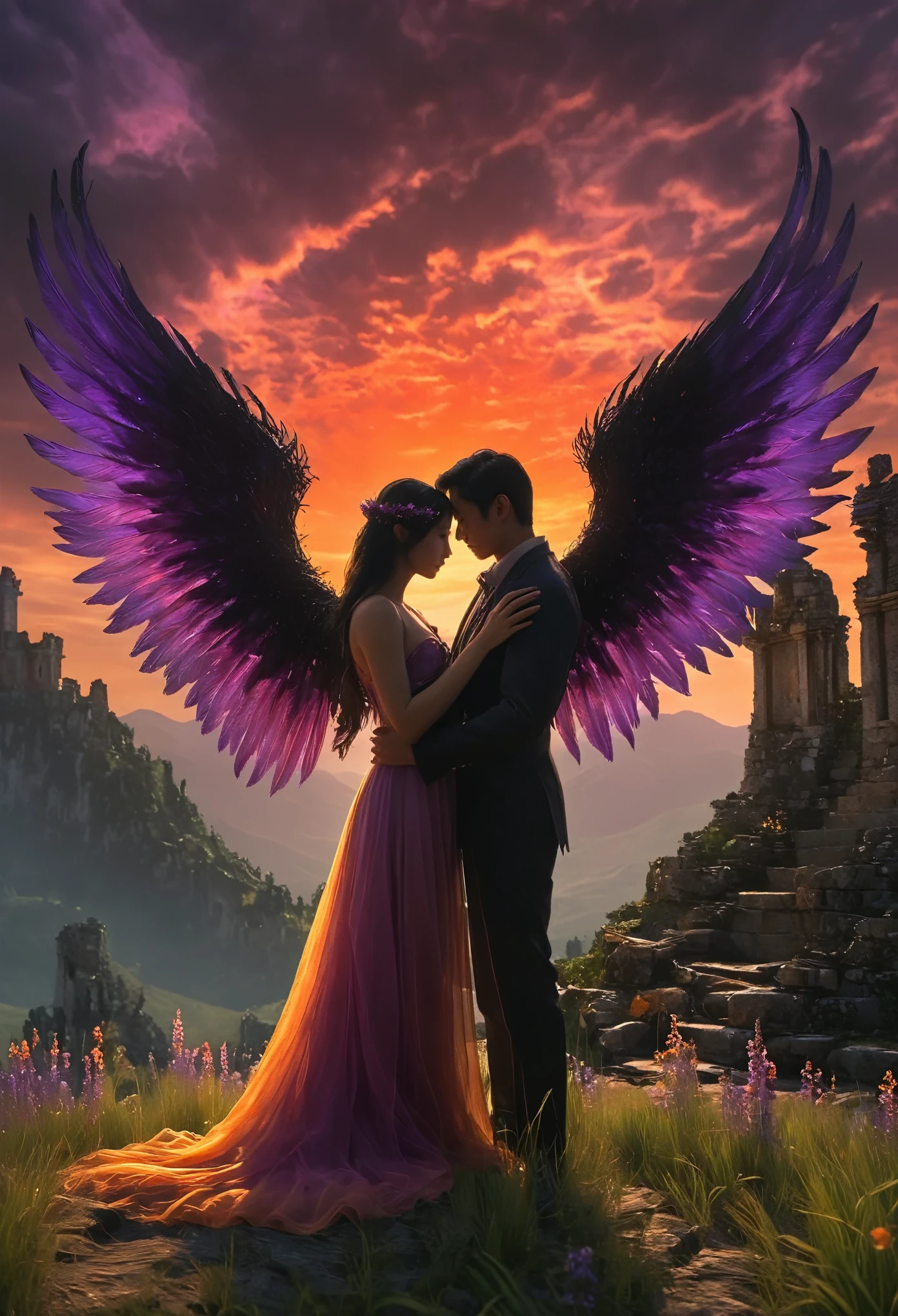 In a fantasy world surrounded by eternal twilight, the love story of a demon and an angel unfolds. The sky is a mixture of purple, pink and orange gradients, creating a dreamy and mysterious atmosphere. With deep black wings and eyes shining with red flames, the Demon King's appearance is both majestic and a touch of melancholy. On the other hand, the angel has wings that shine with golden light, her face is gentle and pure, and her eyes are shining with hope. They meet in the midst of the forgotten ruins of what was once a glorious castle, now left only broken walls covered with vines and wildflowers. Surrounded by dense forests, the trees are tall and old, with occasional bits of sunset between their branches and leaves. At the heart of this ruin is a deep well that is said to connect to other worlds. A chance encounter between the Demon Lord and the angel near the ancient well opened their entanglement of fate. Their love story is full of taboos and challenges, but also with themes of redemption and sacrifice. Behind them, a spectacular picture can be seen: the twinkling stars in the sky form a contrasting background with the mountains in the distance, while at their feet, wild flowers and grass intertwine to form a vibrant green space. This image should capture the intense emotions between the two lovers and the mysterious environment they are in, showing a love story that is both beautiful and sad.xianxia