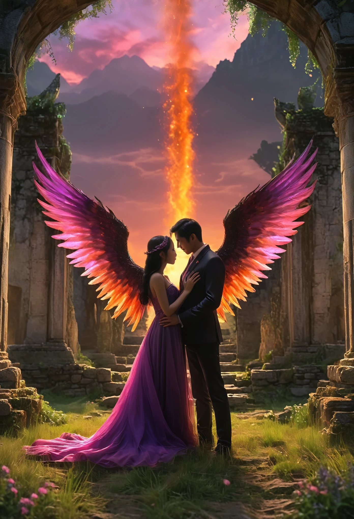 In a fantasy world surrounded by eternal twilight, the love story of a demon and an angel unfolds. The sky is a mixture of purple, pink and orange gradients, creating a dreamy and mysterious atmosphere. With deep black wings and eyes shining with red flames, the Demon King's appearance is both majestic and a touch of melancholy. On the other hand, the angel has wings that shine with golden light, her face is gentle and pure, and her eyes are shining with hope. They meet in the midst of the forgotten ruins of what was once a glorious castle, now left only broken walls covered with vines and wildflowers. Surrounded by dense forests, the trees are tall and old, with occasional bits of sunset between their branches and leaves. At the heart of this ruin is a deep well that is said to connect to other worlds. A chance encounter between the Demon Lord and the angel near the ancient well opened their entanglement of fate. Their love story is full of taboos and challenges, but also with themes of redemption and sacrifice. Behind them, a spectacular picture can be seen: the twinkling stars in the sky form a contrasting background with the mountains in the distance, while at their feet, wild flowers and grass intertwine to form a vibrant green space. This image should capture the intense emotions between the two lovers and the mysterious environment they are in, showing a love story that is both beautiful and sad.xianxia