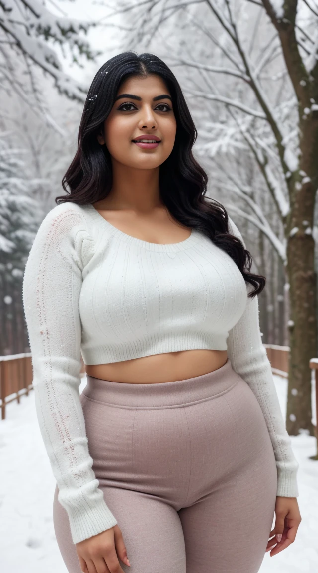 srabanti chatterjee Indian beautiful actress curvy plus size hour glass bulky figure woman, closeup camera view, wearing SHEIN Tween Girls' Knitted Color Block Crop Top With Round Neckline And Knitted Swimsuit Set, different style hairstyle, bright eyes, thin eyebrows, fair skin, blushing cheeks, prefect head to toe view, full body view, Snowy Forest: A winter wonderland with snow-covered trees, paths, and pristine beauty. smile face, black hair, Indian face, perfect skin tone light, ultra realistic skin texture