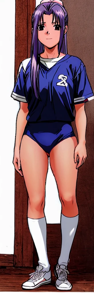 Momoko Koigakubo, a tall girl with beautiful legs, is standing with her legs apart and a smile on her face in a white gym uniform and light-colored navy blue bloomers that look like panties.。Doing the Komaneci pose with both hands。
