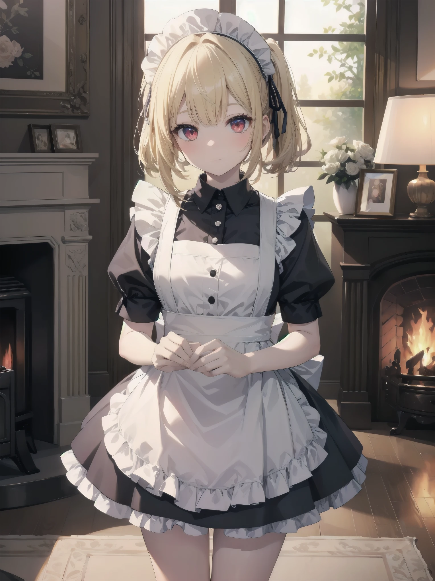 (Cowboy Shot:1.3),Blonde,Perfect Eyesｍ,Red eyes,solo、 Maid, Maid headdress, Maid apron, Blue ribbon,masterpiece,Noise Reduction,Perfect Anatomy,High resolution, Very detailed,Game CG,Dutch Angle ,Beautiful fine details,Visual Arts,Five Fingers, Perfect hands, 完璧なillumination,Luxury House、table、illumination、fireplace、Chair、High-end furniture、sit、Turning from sideways、Beautiful feet
