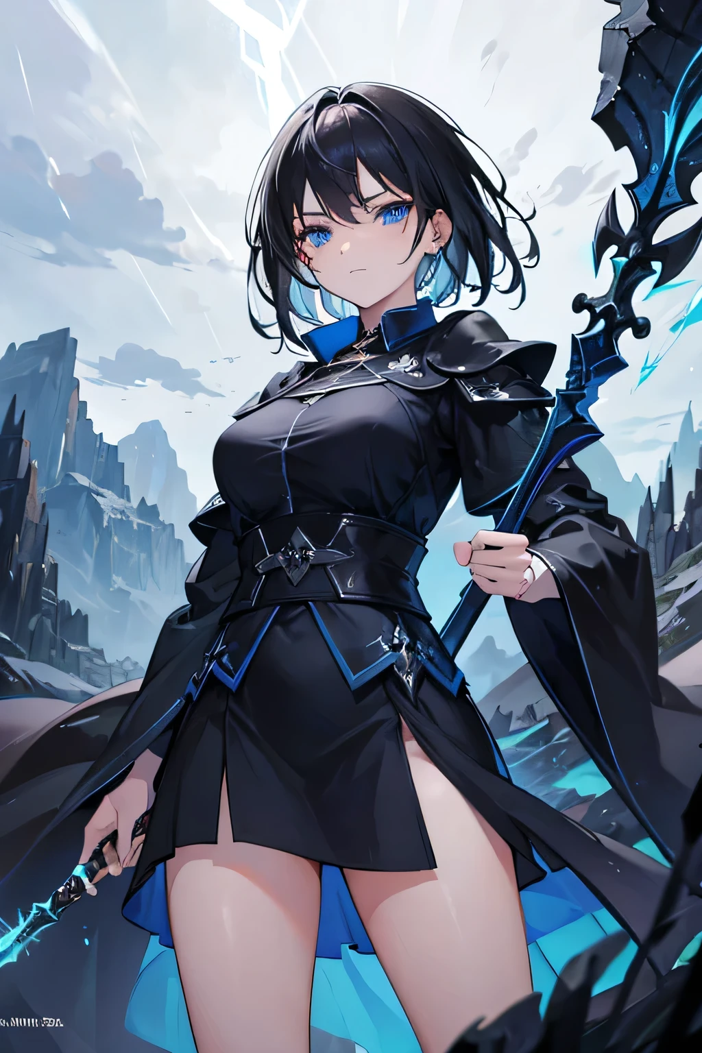 1girl, highly detailed, masterpiece, best quality, correct hands, correct eyes, short black hair, blue eyes, black robes, blue shirt, medium sized breasts, defined curves, smug look, satisfied look, mountain background, in a storm, surronded by lightning, holding a staff, holding a sword, floating above the ground, in the middle of a storm