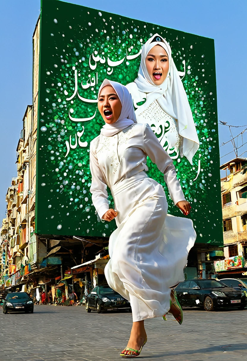 Hyper realistic photography, on a very large electrical billboard on the wall of a multi-storey building at night which is luxurious and majestic with the atmosphere of a metropolitan city, there is a 3D image of the words "JUMAT Mubarak" and "By.Yvonna" boldly embossed uniquely correct text to text, with bright colors, eye-catching. Modern artwork, complemented by energetic paint oil splashes, large, clearly legible. Behind it is a picture of a Muslim woman wearing a white Asian artist hijab running and screaming (21 years old), white kebaya dress blowing in the wind, high detail, super real, beautiful dress full of emerald jewels, in winter at night full of light and lots of people watch it. super realistic UHD