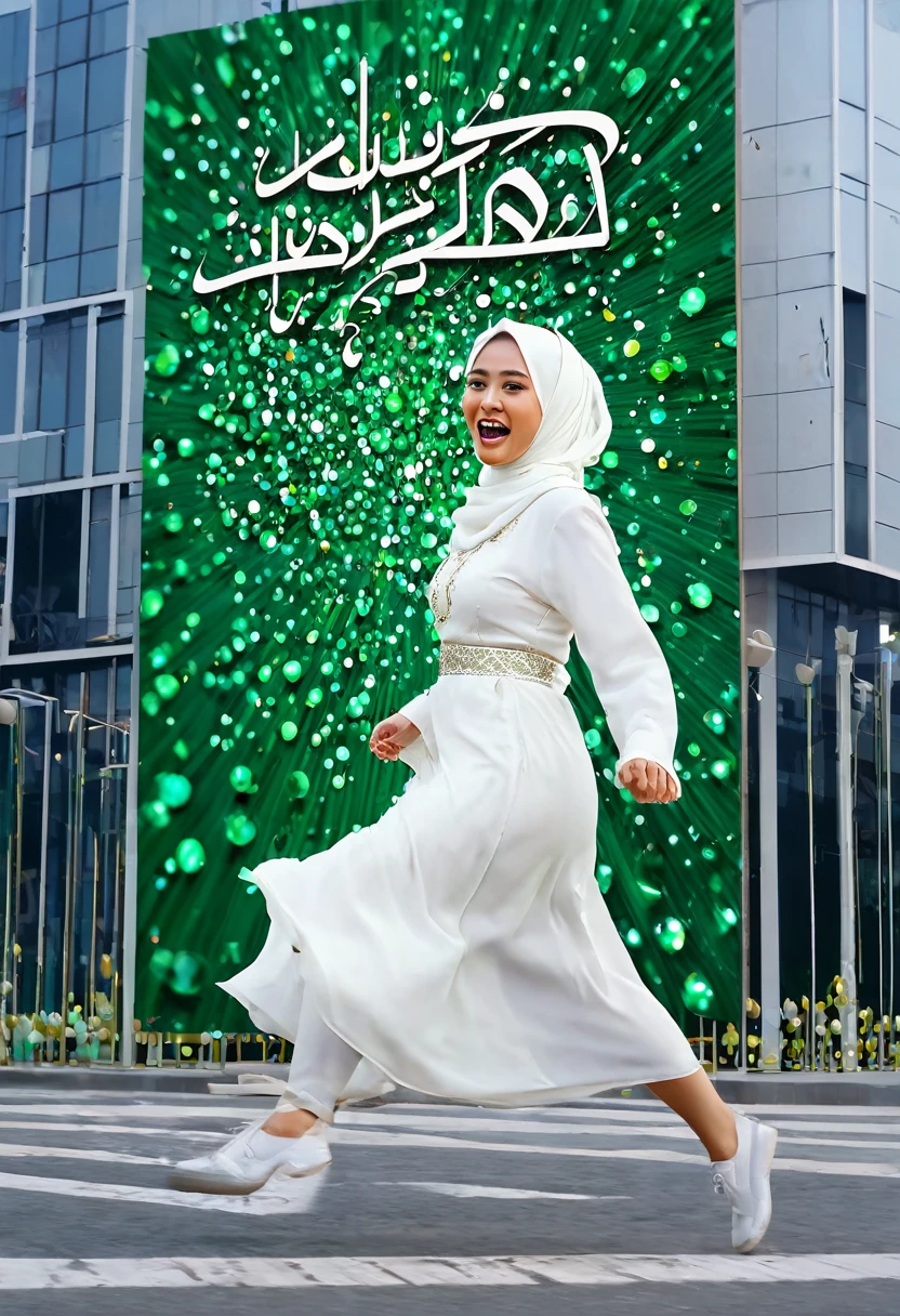 Hyper realistic photography, on a very large electrical billboard on the wall of a multi-storey building at night which is luxurious and majestic with the atmosphere of a metropolitan city, there is a 3D image of the words "JUMAT Mubarak" and "By.Yvonna" boldly embossed uniquely correct text to text, with bright colors, eye-catching. Modern artwork, complemented by energetic paint oil splashes, large, clearly legible. Behind it is a picture of a Muslim woman wearing a white Asian artist hijab running and screaming (21 years old), white kebaya dress blowing in the wind, high detail, super real, beautiful dress full of emerald jewels, in winter at night full of light and lots of people watch it. super realistic UHD