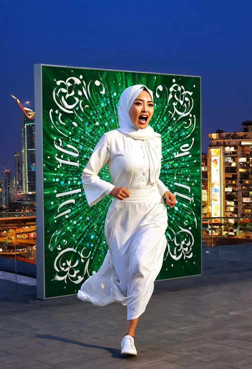 Hyper realistic photography, on a very large electrical billboard on the wall of a multi-storey building at night which is luxurious and majestic with the atmosphere of a metropolitan city, there is a 3D image of the words "JUMAT Mubarak" and "By.Yvonna" boldly embossed uniquely correct text to text, with bright colors, eye-catching. Modern artwork, complemented by energetic paint oil splashes, large, clearly legible. Behind it is a picture of a Muslim woman wearing a white Asian artist hijab running and screaming (21 years old), white kebaya dress blowing in the wind, high detail, super real, beautiful dress full of emerald jewels, in winter at night full of light and lots of people watch it. super realistic UHD