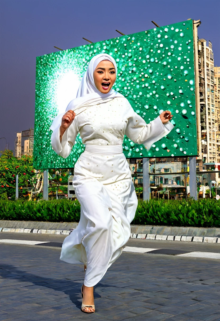 Hyper realistic photography, on a very large electrical billboard on the wall of a multi-storey building at night which is luxurious and majestic with the atmosphere of a metropolitan city, there is a 3D image of the words "JUMAT Mubarak" and "By.Yvonna" boldly embossed uniquely correct text to text, with bright colors, eye-catching. Modern artwork, complemented by energetic paint oil splashes, large, clearly legible. Behind it is a picture of a Muslim woman wearing a white Asian artist hijab running and screaming (21 years old), white kebaya dress blowing in the wind, high detail, super real, beautiful dress full of emerald jewels, in winter at night full of light and lots of people watch it. super realistic UHD