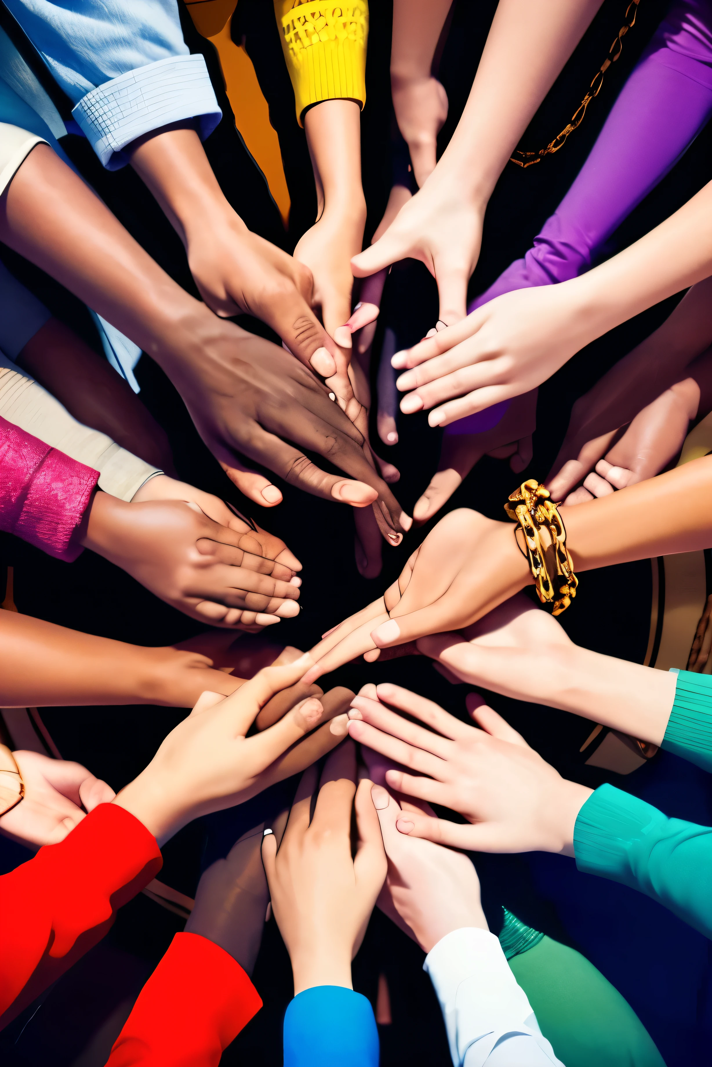 Depict people from different ethnicities, cultures and backgrounds coming together, holding hands or forming a circle/chain. The message could be about our diversity making humanity richer. Being a global citizen