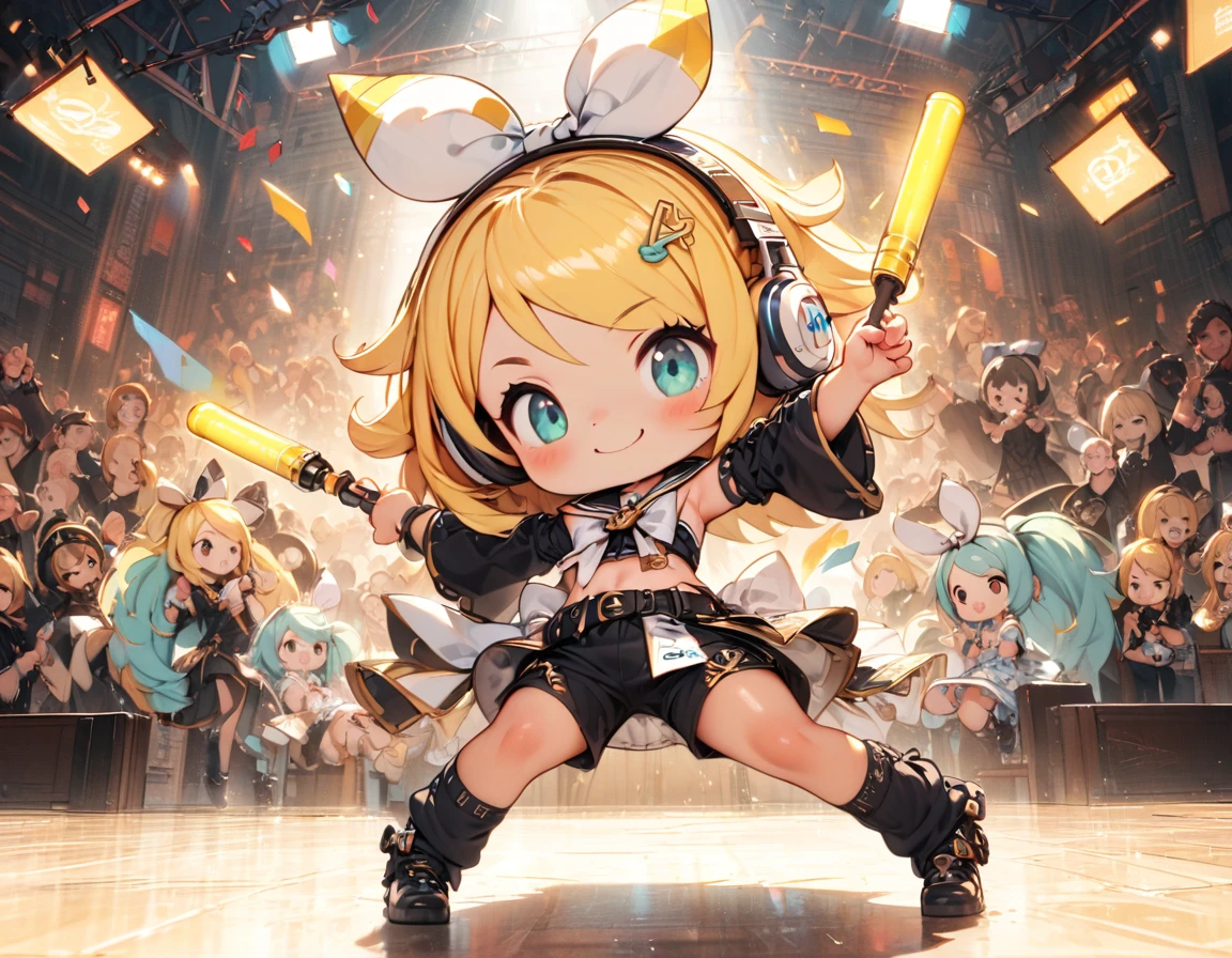 KAGAMINE RIN\(cocaloid\),solo,1female\(cute,kawaii,,KAGAMINE RIN\(vocaloid\),blonde hair, short hair,red tattoo of numbers"02" on shoulder,(big white bow),sleeveless white shirt,detached black arm bell sleeves,(arm sleeves are black bell sleeves:1.2),belt,sailor collar,white headphones,black shorts,black  knee high leg warmers,open shoulder,singing and dancing,very cute pose,korean idol pose,dynamic pose,cute smile,(full body),looking away\), BREAK ,background\((live stage),colorful confetti,pastel color spotlights,many colorful music notes,(many audience waving yellow glow sticks at audience seats),\), BREAK ,quality\(8k,wallpaper of extremely detailed CG unit, ​masterpiece,hight resolution,top-quality,top-quality real texture skin,hyper realisitic,increase the resolution,RAW photos,best qualtiy,highly detailed,the wallpaper,cinematic lighting,ray trace,golden ratio\),RIN is so so cute,dynamic angle,long shot,wide shot,landscape,[chibi]