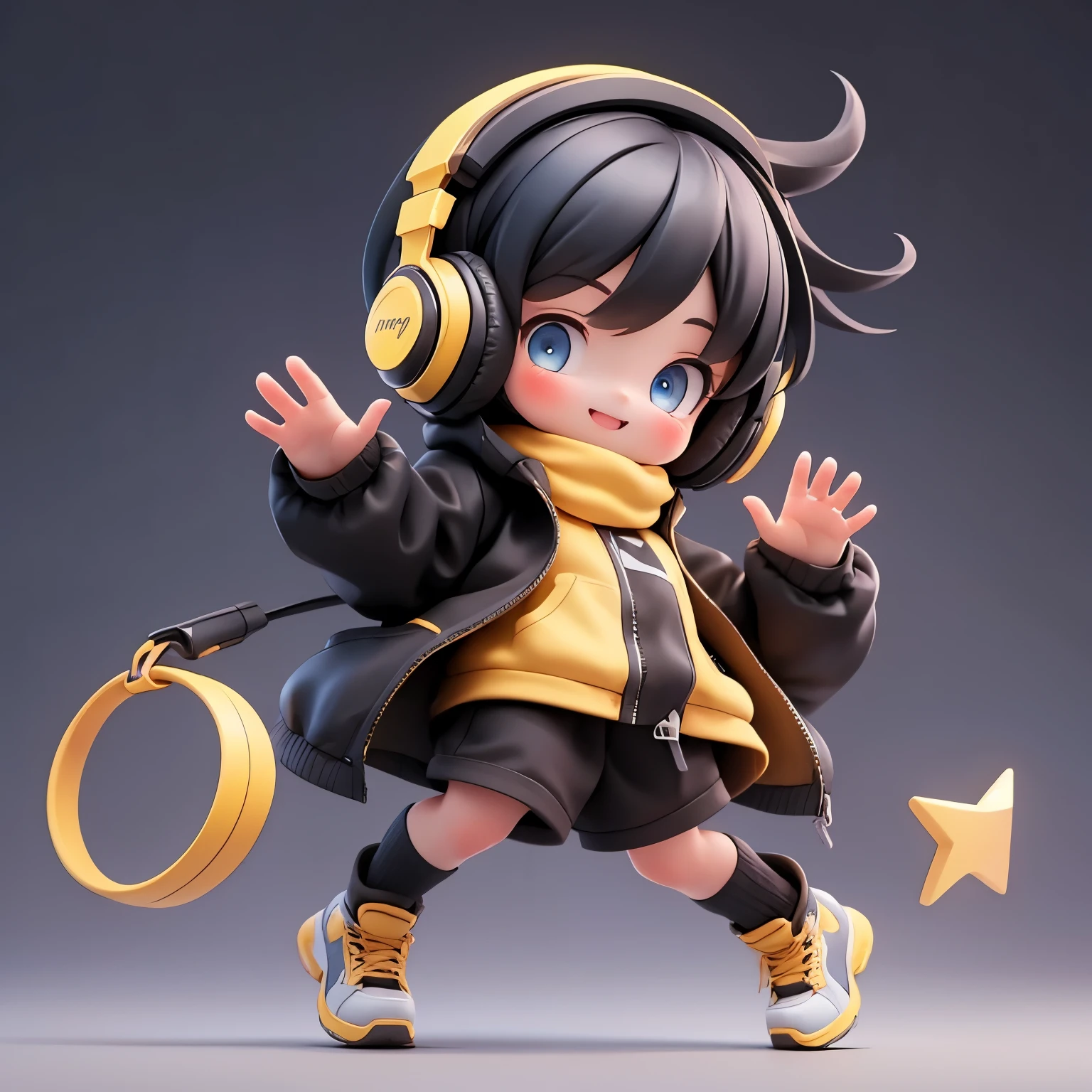 a girl with short hair,Black coat,Happy expression,black hair,blue eyes,Simple background,with yellow headphones,Jump up,Open hands
