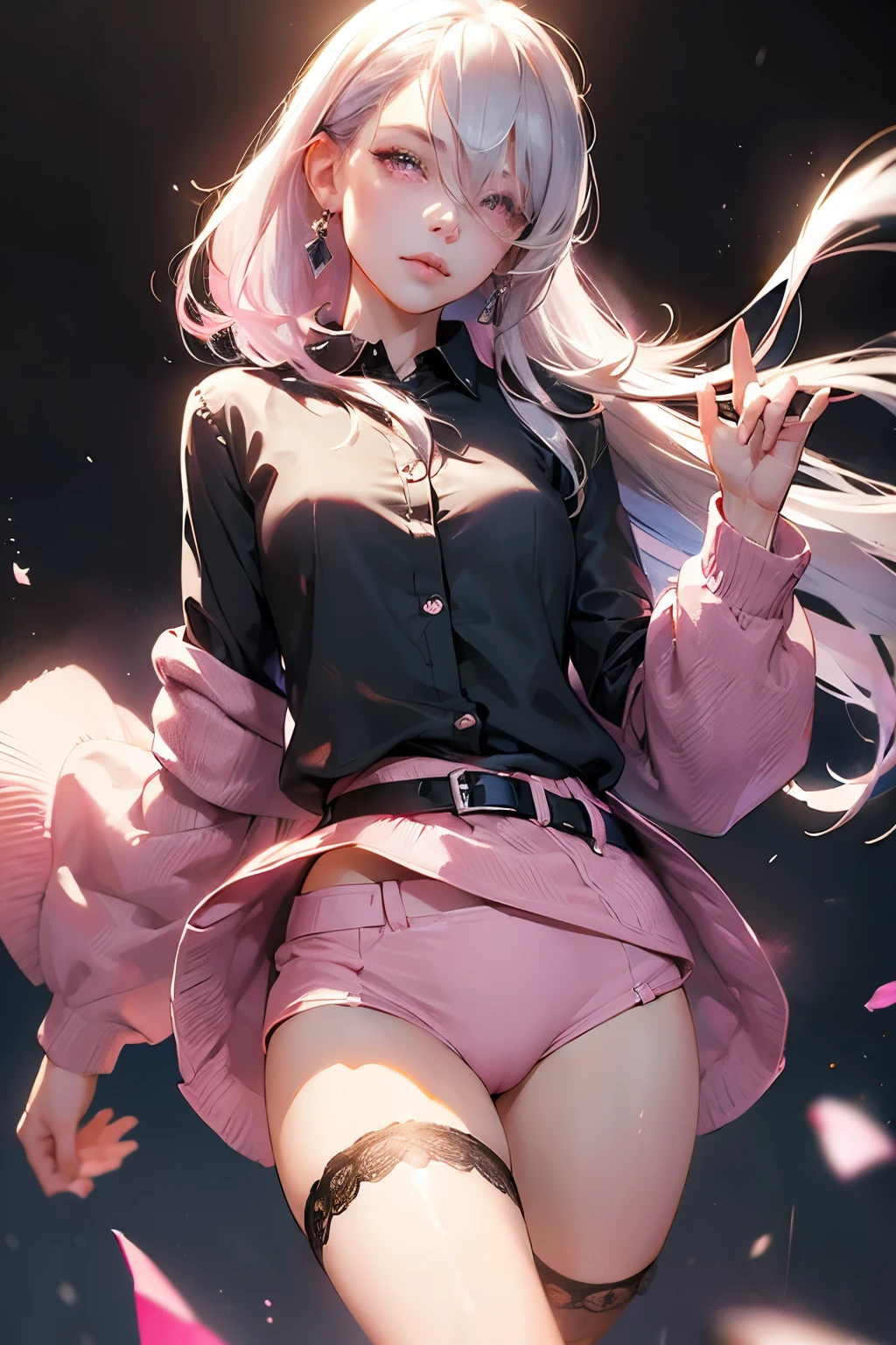 ((Lingerie Model)), zoom, masterpiece, highest quality, High resolution, Elizabeth, One girl, jewelry, Single knee socks, Silver Hair, Hair on one eye, abdomen, Black Skirt, Asymmetrical legwear, ((Pink Shirt)), No sleeve, Black knee socks, belt, Are standing