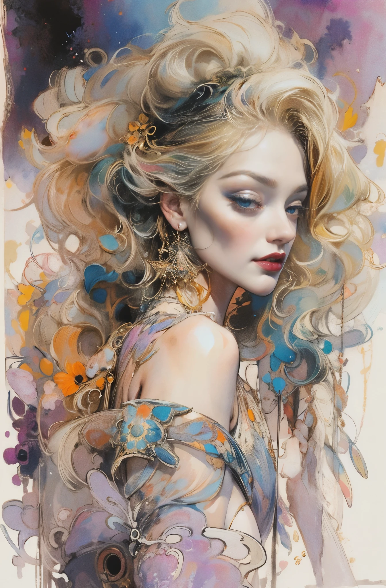 A beautiful portrait of a certain great actress, Marlene Dietrich, Icons of decadence, pretty much beautiful face, Ultra-detailed paintings inspired by WLOP, ArtStation Trends, Fantasy art, intricate WLOP, art of WLOP, WLOPart, WLOP |, the style of WLOP, Beautiful character drawings, WLOP painting style, WLOP | art germ, Unparalleled Beauty Tumbler, Figurative art, Intense watercolor, Watercolor detailed art, Watercolor splash, Surreal, Avant-garde pop art, Beautiful and expressive paintings, Beautiful artwork illustration, Very colorful tones, wonderful, Cool Beauty, masterpiece, highest quality, Official Art, women only, Sharp contours, Best Shot, Vector art, By Sandra Chevrier, Dave McKean、Richard Avedon、By Makiej Kusiala, Bright design