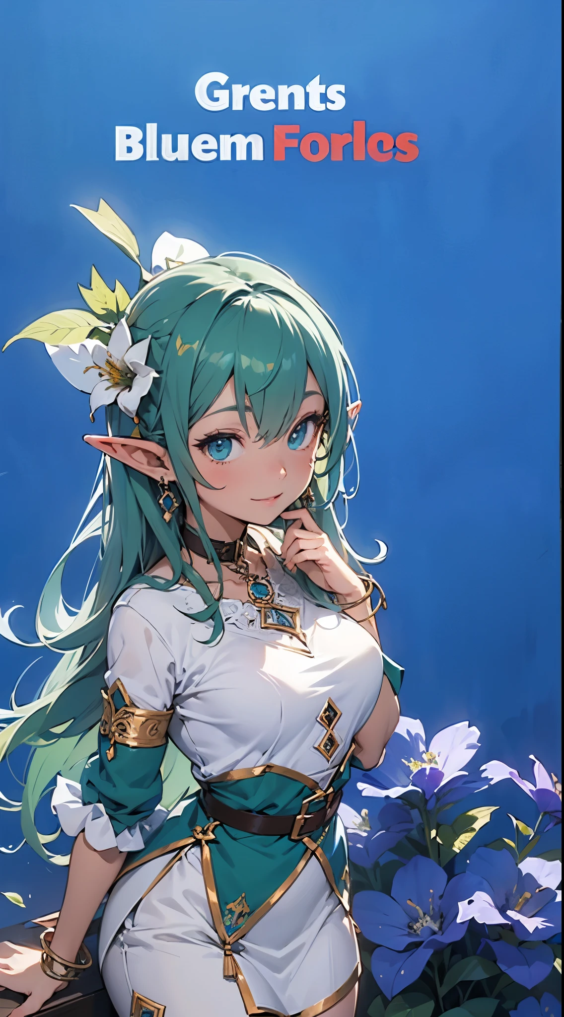 (((blue background))),masterpiece, top quality, best quality, official art, beautiful and aesthetic, animation ,(one elf:1.2), beautiful facial features, beautiful green eyes, very long blue hair, pointy ears, (green elf clothes:1.2),blue elf foot rings, blue elf bracelet, blue elf earrings, flower hair ornament, flower necklace, ( smile, gentle, looking at viewer, window, potion, (herbal liquid:1.1), forest background, grass, flowers, (indoor:1.1), herb-medicine, medicine bottle, bright, day, (facial lighting),(((blue background)))