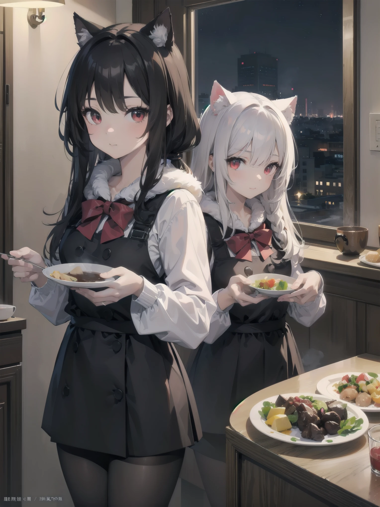 cute娘, One girl, 猫耳Food, ((cute)), masterpiece, highest quality, Perfect Face, Foodie, Food, look up, both hands, thin, fur, comfortable, warm, window, night, long Foodie, no_pants, 4K, wallpaper, close, Digital Art, Anime Style, Beautiful Eyes, Intimate, detailed, warm colors, Red eyes、Black pantyhose
