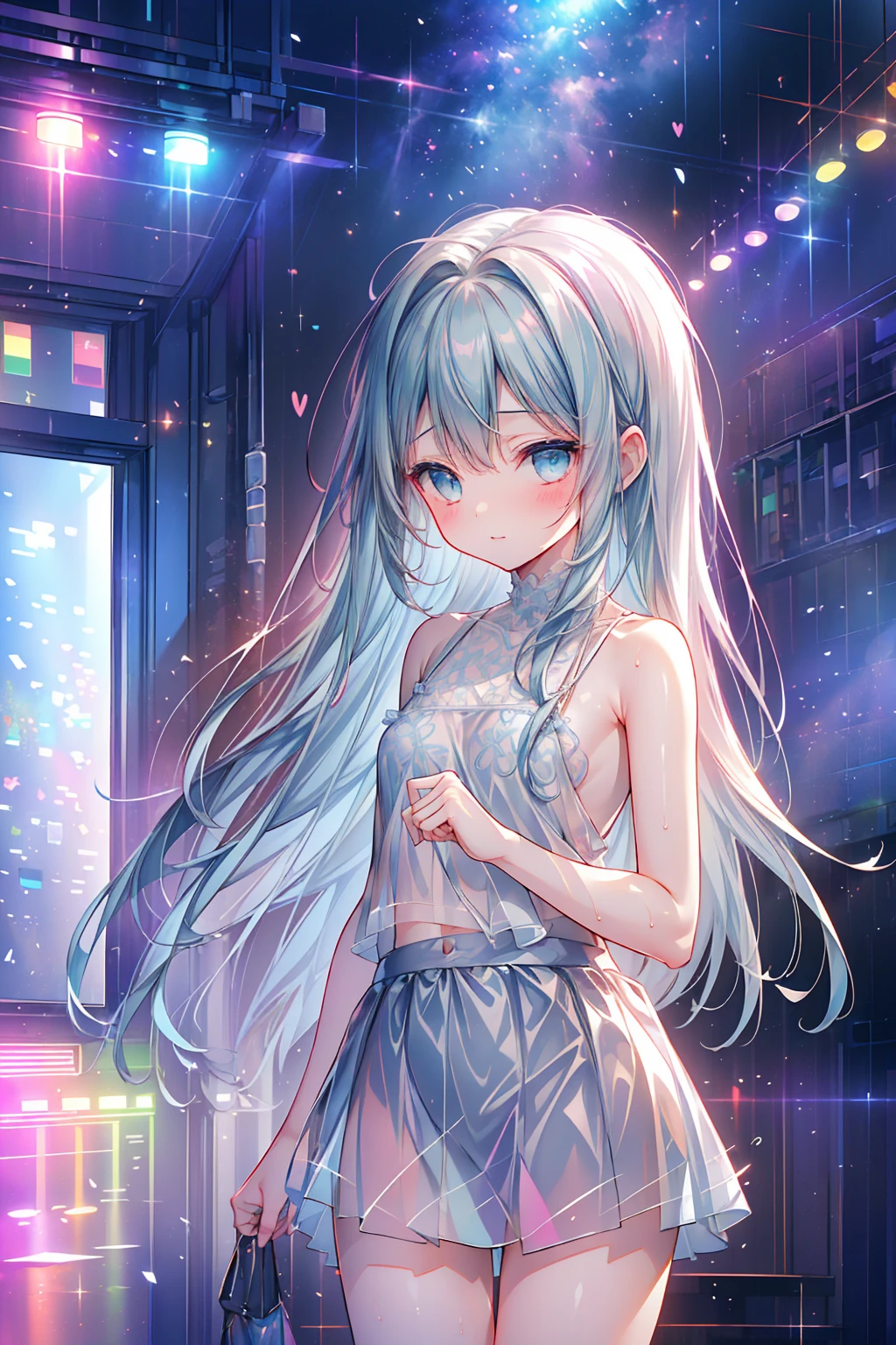 masterpiece, best quality, extremely detailed, (illustration, official art:1.1), 1 girl ,(((( light blue long hair)))), ,(((( light blue long hair)))),light blue hair, ,10 years old, long hair ((blush)) , cute face, big eyes, masterpiece, best quality,(((((a very delicate and beautiful girl))))),Amazing,beautiful detailed eyes,blunt bangs((((little delicate girl)))),tareme(true beautiful:1.2), sense of depth,dynamic angle,,,, affectionate smile, (true beautiful:1.2),,(tiny 1girl model:1.2),)(flat chest)),tank top, sleeveless、 cute,slutty,erotic,(((nsfw))), zettai ryouiki,revealing clothing,show skin,((rave tank top, sleeveless,neon colored shirt,rave mini-skirt,visible thong straps)),((underpants strap)),(wearing a rave outfit:1.3,rave clothes,semi-naked,with little clothing),((wet clothes,intricate outfit,intricate clothes)), (dynamic pose:1.0),solo focus,embarrassed,(centered,scale to fit dimensions,Rule of thirds), cyberpunk city by the ocean at night, with bright neon signs and dark stormy clouds and puddles, scenery:1.25,nighttime, starry night, cosmos,Very dark night that makes the neon lights stand out, very bright neon lights,nighttime, starry night, cosmos, artistic photography,(photography taken by sldr),highres, sharp focus, (ultra detailed, extremely detailed), (photorealistic artwork:1.37),(extremely detailed CG unity 8k wallpaper),((synthwave background theme)),(((vibrant colors))),(intricate background),(masterpiece),(best quality)
