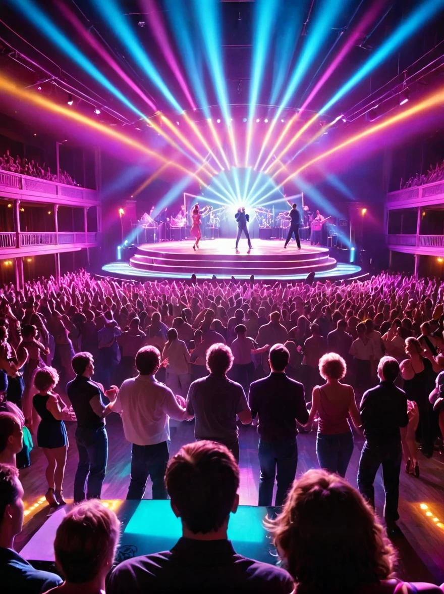 Illuminated 80's style ballroom with lots of people dancing and a stage in the background with a singer at the microphone being overshadowed by a ray of colored light from the stage to the hall.