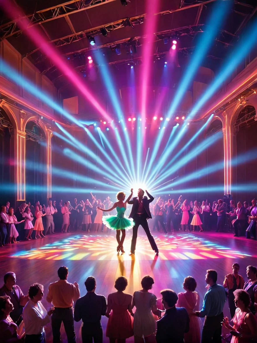 Illuminated 80's style ballroom with lots of people dancing and a stage in the background with a singer at the microphone being overshadowed by a ray of colored light from the stage to the hall.