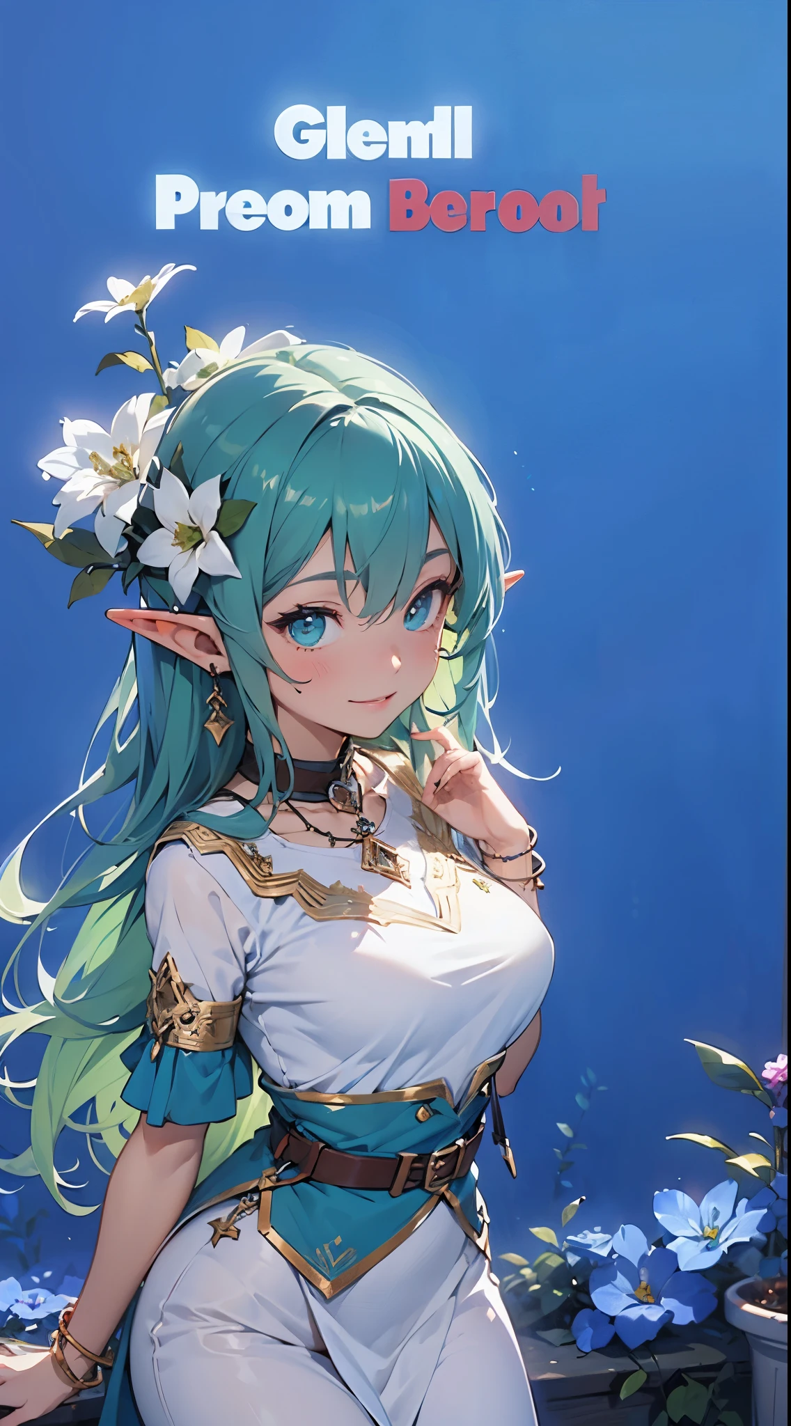 (((blue background))),masterpiece, top quality, best quality, official art, beautiful and aesthetic, animation ,(one elf:1.2), beautiful facial features, beautiful green eyes, very long blue hair, pointy ears, (green elf clothes:1.2),blue elf foot rings, blue elf bracelet, blue elf earrings, flower hair ornament, flower necklace, ( smile, gentle, looking at viewer, window, potion, (herbal liquid:1.1), forest background, grass, flowers, (indoor:1.1), herb-medicine, medicine bottle, bright, day, (facial lighting),(((blue background)))