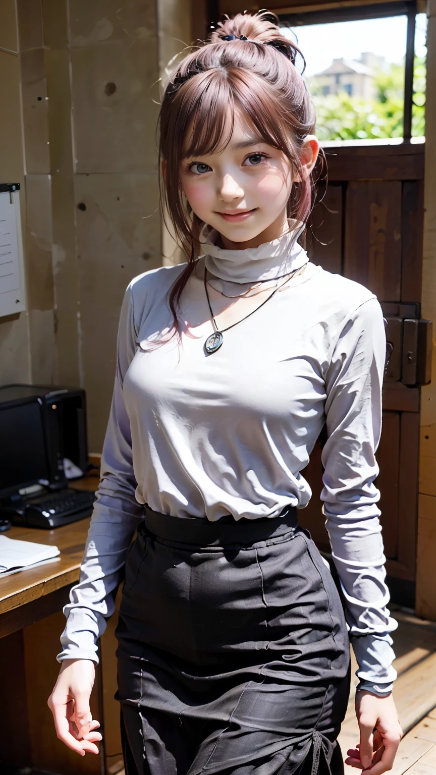 (Realistic、Like a photograph、Live Action、8k, Photorealistic, RAW Photos, Best image quality: 1.4), Single-lens reflex camera、RAW Photos, highest quality, Realistic, Highly detailed CG Unity 8k wallpaper, Written boundary depth, Cinematic Light, Lens flare, Ray Tracing, Realistic background、((Turtleneck knit:1.4、Chest is pounding)、(Tight long skirt:1.1、Mermaid line long skirt)、Large :1.37、((Wear a name tag around your neck)))、((Ultra-dense skin))、 1 female,Cute Japanese Woman、Japanese office lady at work、((whole body:1.5),View the computer:1.1、smilenk inner color hair、Medium Hair:1.2、Short Poail、I like that style、Stylish、Very detailed、Pay attention to the details、Perfect outfit、(Sunburned skin)、Beautiful legs:1.1,Standing ate desk and working、View from the front