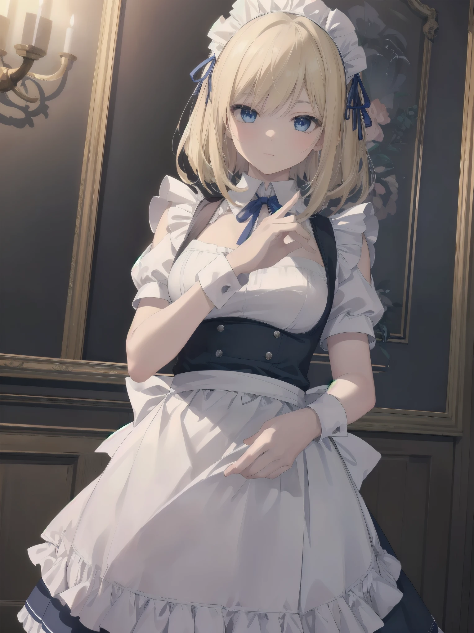 (Cowboy Shot:1.3),Blonde,Hello,blue eyes,tokidef, Maid, Maid headdress, Maid apron, Blue ribbon,masterpiece,Noise Reduction,Perfect Anatomy,High resolution, Very detailed,Game CG,Dutch Angle ,Beautiful fine details,Visual Arts,Five Fingers, Perfect hands, Perfect lighting,