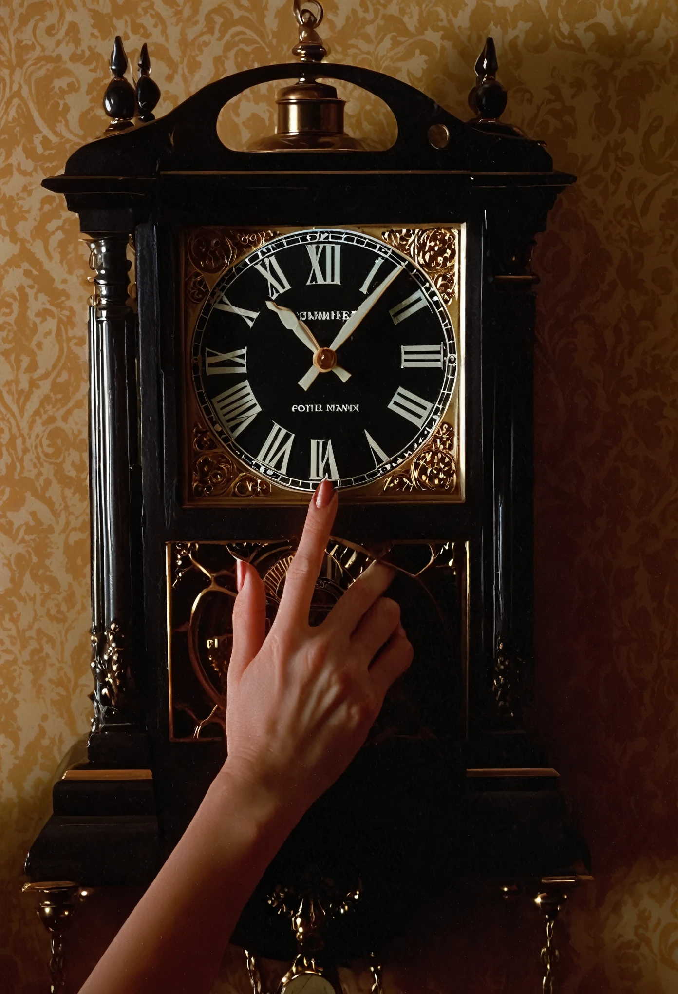 cinematic realistic 1970's gothic film vintage realistic extreme close up shot photograph taken by Summer Wagner of woman hands and clock melting in them, cinestill 800t