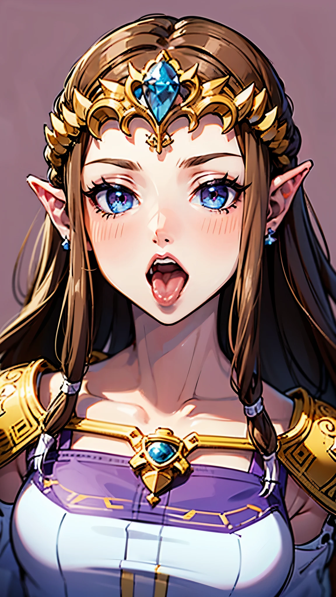 8K high quality, high accuracy, princess zelda, beautiful figure, beautiful face, twilight princess, beautiful, bright, highlights in eyes, small ears, brown hair, beautiful line drawing. Open mouth, tongue sticking out, purple background, blue eyes, head only depicted,
