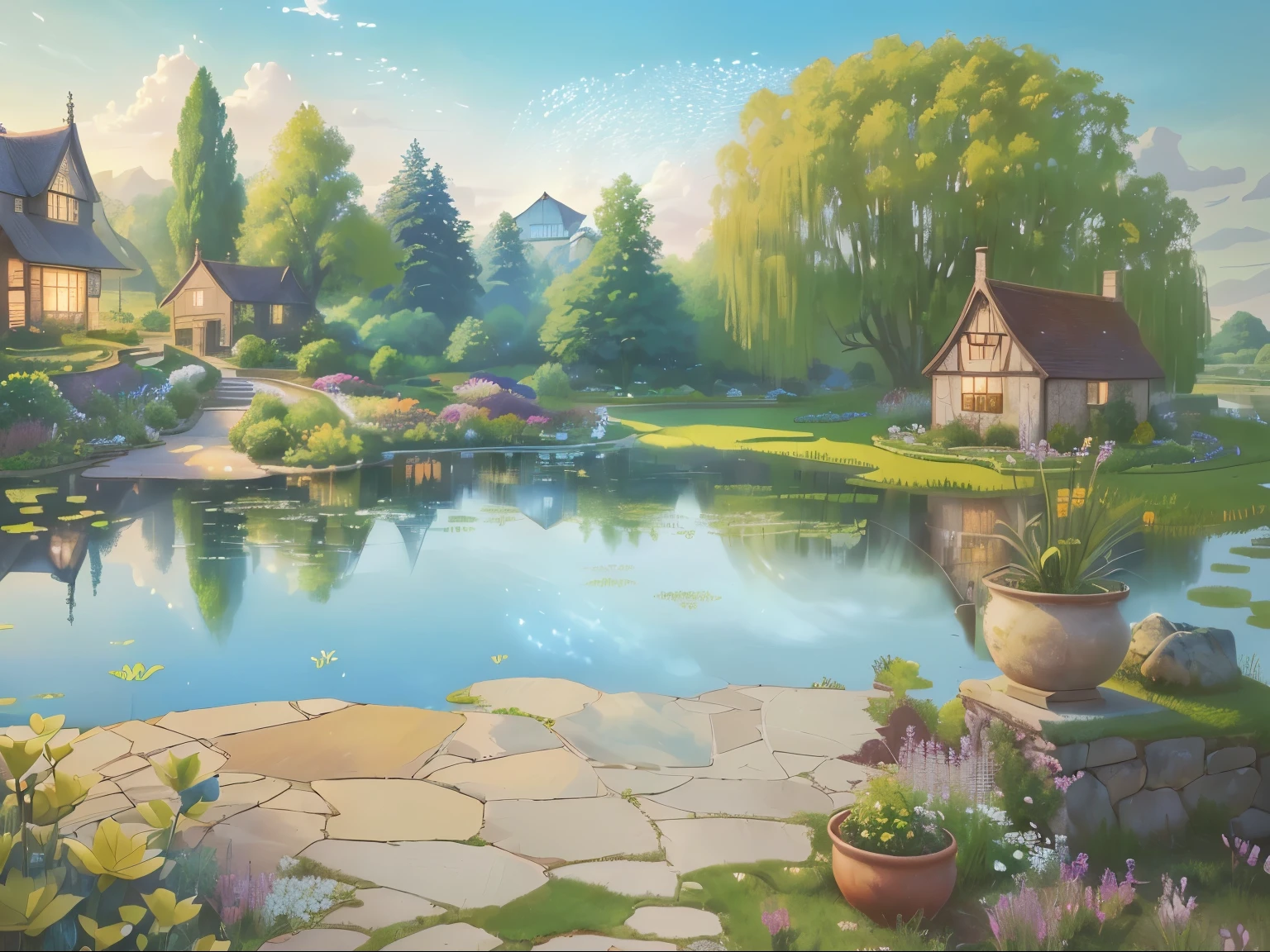 Painting of a garden with a pond and a house, Beautiful art UHD 4K, anime rural scenery, Detailed 4k, Fairy tale style background, background technology, Detailed scenery —width 672, anime background technology, Garden Background, Beautiful artist rendering, Landscape Artwork, 4K Fine Digital Art, Whimsical fantasy landscape art, royal Garden Background