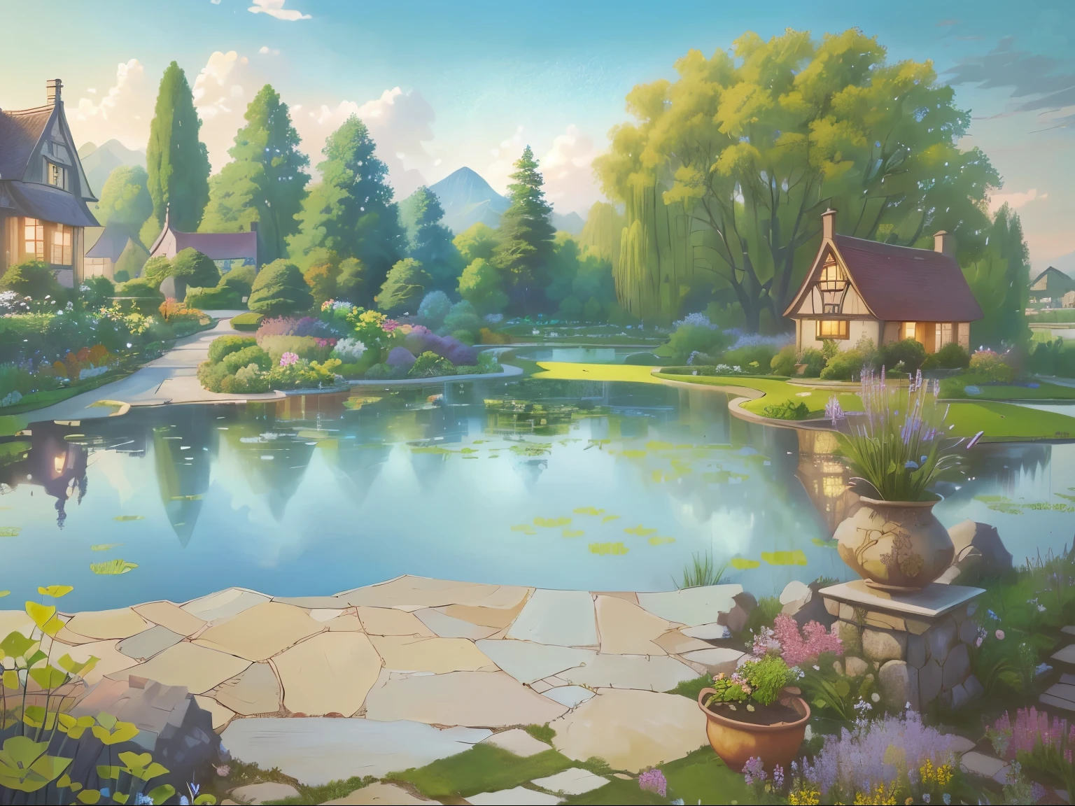 Painting of a garden with a pond and a house, Beautiful art UHD 4K, anime rural scenery, Detailed 4k, Fairy tale style background, background technology, Detailed scenery —width 672, anime background technology, Garden Background, Beautiful artist rendering, Landscape Artwork, 4K Fine Digital Art, Whimsical fantasy landscape art, royal Garden Background