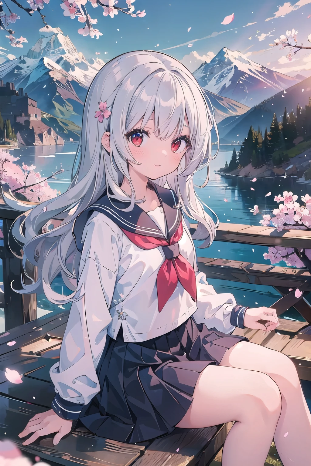 (masterpiece), scenery, Mountain Horizon, cherry blossoms, petal, Particles of light, Upper Body, One girl, Sailor, Wavy Hair, Floating Hair, smile, Sitting, Open your mouth, Particles of light, Silver Hair, Red eyes, View your viewers, Face Focus