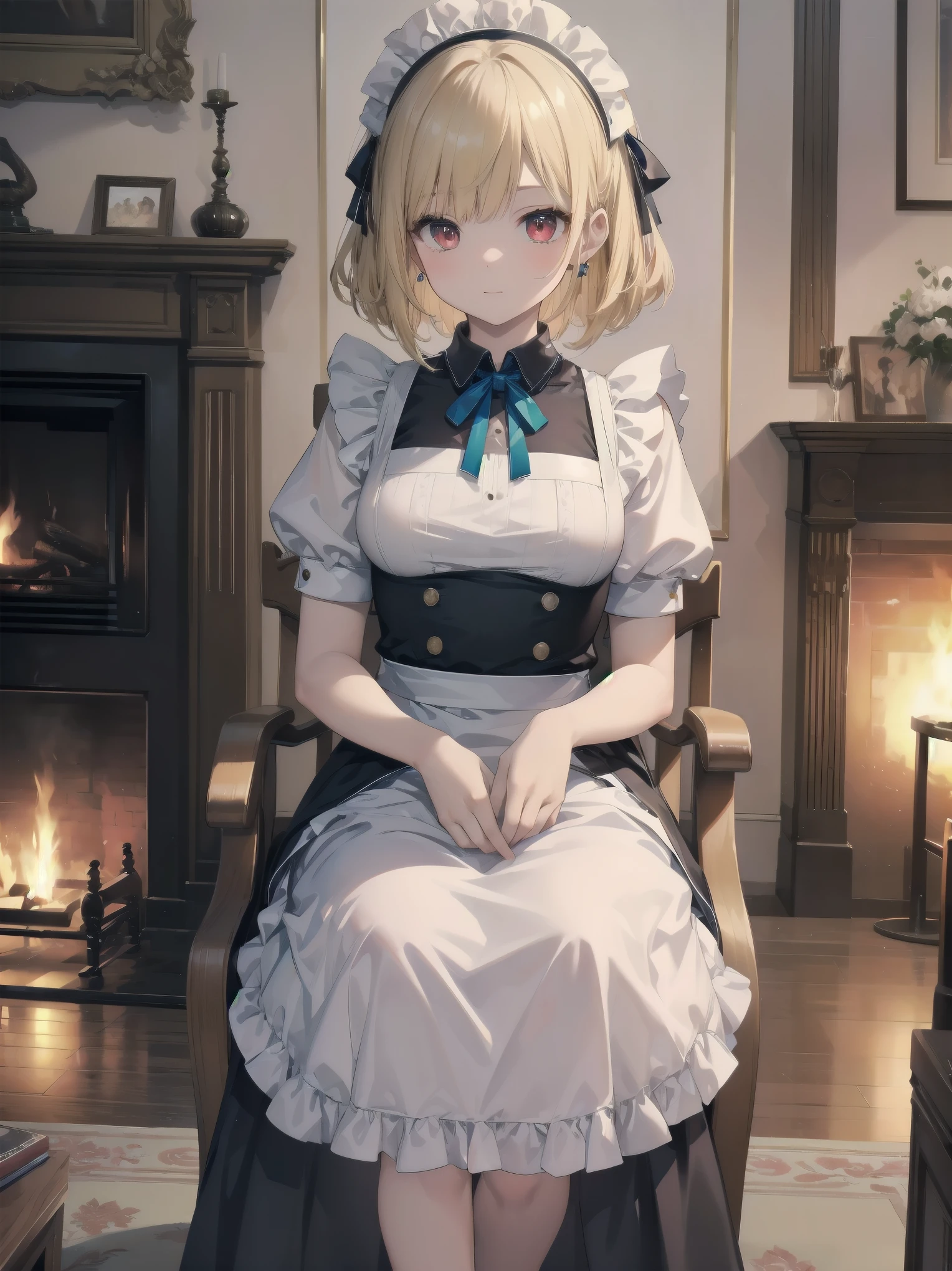 (Cowboy Shot:1.3),Blonde,Perfect Eyesm,Red eyes,solo、 Maid, Maid headdress, Maid apron, Blue ribbon,masterpiece,Noise Reduction,Perfect Anatomy,High resolution, Very detailed,Game CG,Dutch Angle ,Beautiful fine details,Visual Arts,Five Fingers, Perfect hands, 完璧なillumination,Luxury House、table、illumination、fireplace、Chair、High-end furniture、sit、Turning from sideways、Beautiful feet
