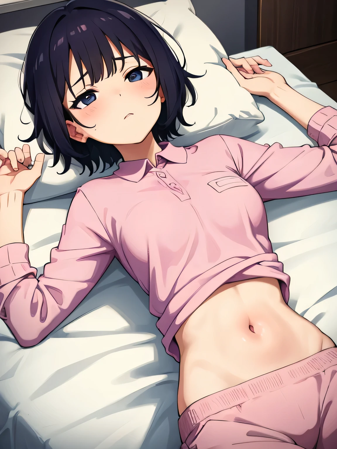 1. Beautiful woman in a pink polo shirt, short hair, Small breasts,Black Hair, Hospital Beautiful Cute High Quality Sleeping in bed Sexy Sexy Navel