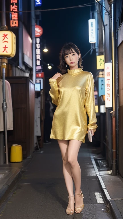 (Beautiful woman, High resolution, Wallpaper 8K Screen, highest quality, Real, Super fine, Exquisite and perfect dynamic composition, (Profile of a Japanese mature woman passing by in an alley), (Shinjuku Golden Gai at night: 1.4) , (Busy), (Narrow alley lined with izakayas), (Detailed background), (Casual wear: 1.4), (60 year old Japanese mature woman), (Realな肌の質感), (Rough overall skin texture: 1.3), (Dull skin: 1.1), (Unmoisturized skin: 1.2), (Skin wrinkles: 0.9), (Wrinkles around the eyes: 1.2), double eyelid, Tear bags under the eyelids, Serious expression, Deep and beautiful eyes, Short bangs, Natural hair movement, (Profile turned around), High heels、Glamorous body, (Full body portrait: 1.4), (Angle from the legs),