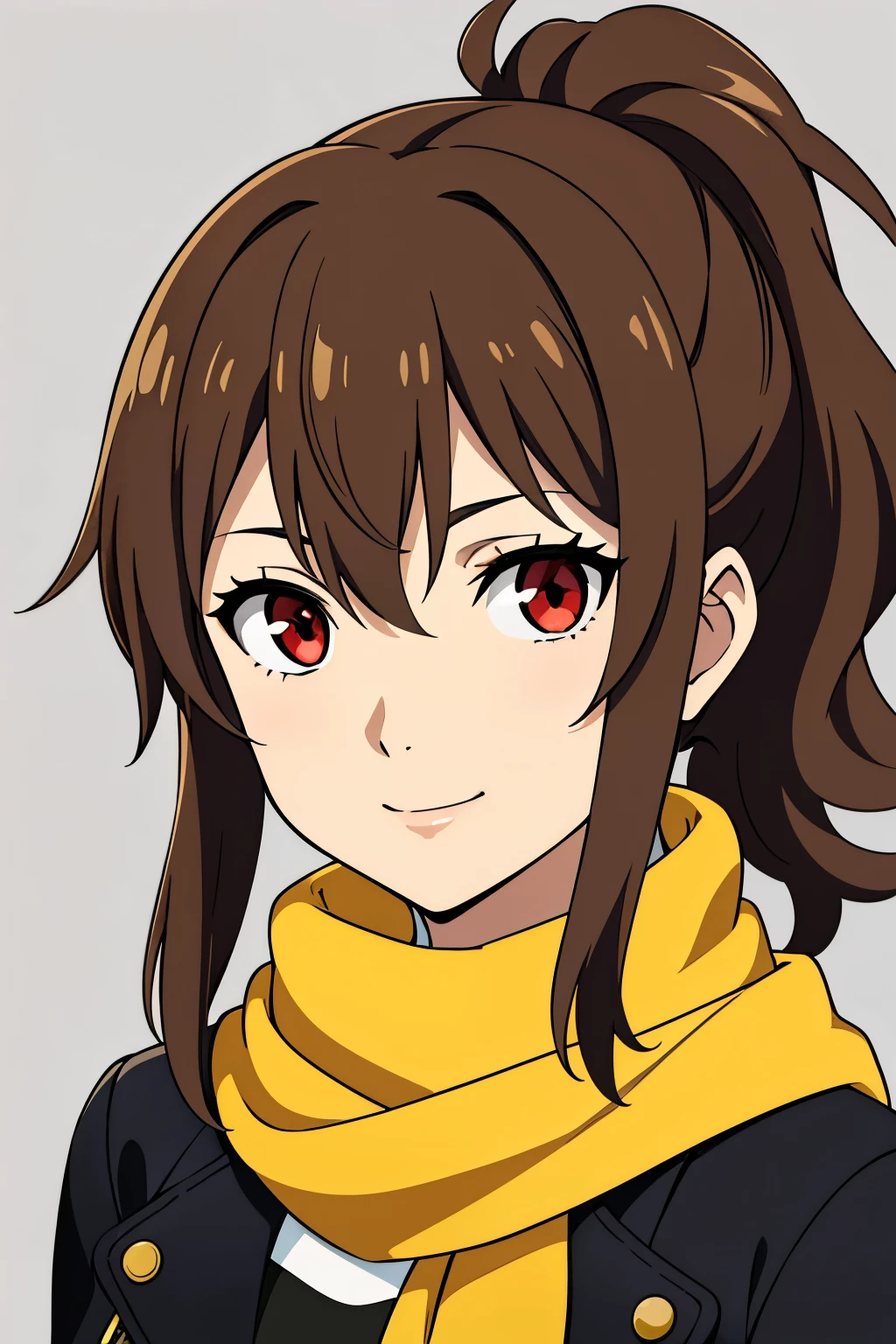 (high-quality, breathtaking),(expressive eyes, perfect face) 1girl, female, solo, portrait, young adult, age 18, Symmetrical Eyes,brown hair color, short hair length, messy wavy hair, upper body, red eyes, positive expression, charming smile, detailed eyes, kind expression, grey background, yellow scarf, Kotone Shiomi Character, ponytail, hairpins, black open leather jacket, white shirt
