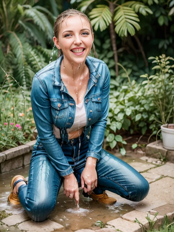 On her knees, massive breasts, Pee on her face Mature woman in wet denim jeans, ((wet jeans)), wet clothes, dripping, outdoors, smiling, storybook illustration, drenched, soaked, wet hair, sopping wet, soaked in oil, pissing, massive piss stream 