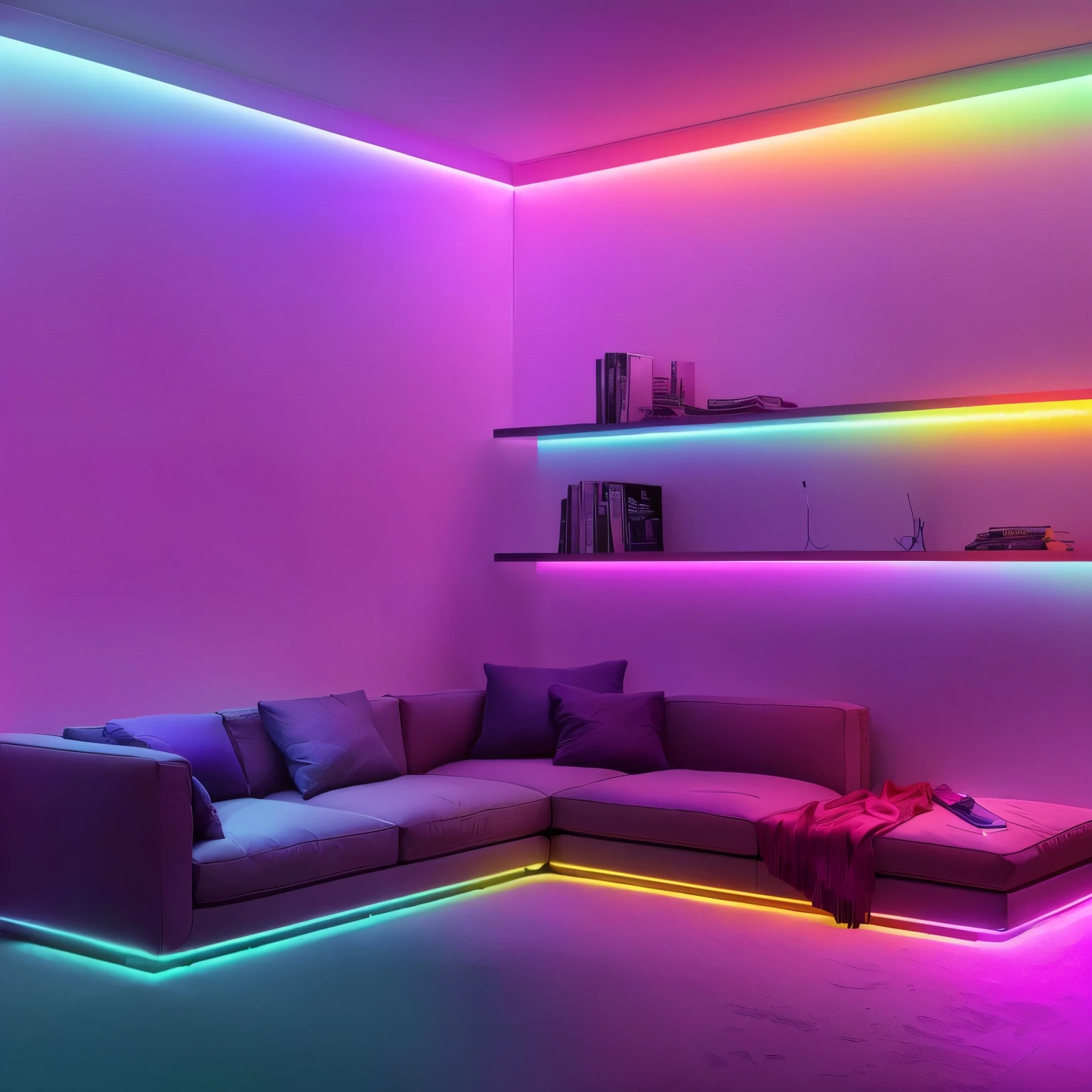a brightly lit living room with a couch and a book shelf, neon ambient lighting, soft neon lighting, colored lighting, neon accent lights, with neon lighting, dreamy soft neon lights, dramatic and colorful lighting, soft neon lights, dramatic colorful lighting, colorful neon lighting, colorful lighting, colourful lighting, dramatic colored lighting, with neon lights, soft calm warm neon atmosphere